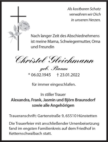 Traueranzeige von Christel Gleichmann von vrm-trauer Idsteiner Zeitung