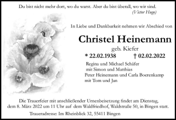 Traueranzeige von Christel Heinemann von vrm-trauer Allgemeine  Zeitung Ingelheim-Bingen