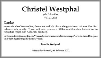 Traueranzeige von Christel Westphal von vrm-trauer Wiesbadener Kurier