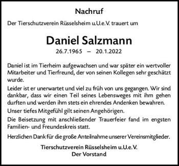 Traueranzeige von Daniel Salzmann von vrm-trauer Rüsselsheimer Echo / MainSpitze