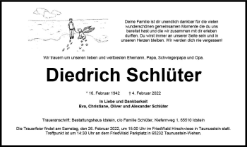 Traueranzeige von Diedrich Schlüter von vrm-trauer WK-UTA
