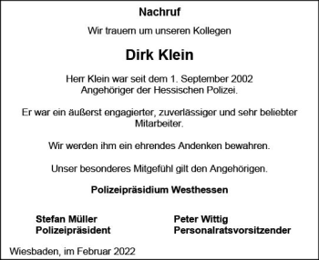 Traueranzeige von Dirk Klein von vrm-trauer Wiesbadener Kurier