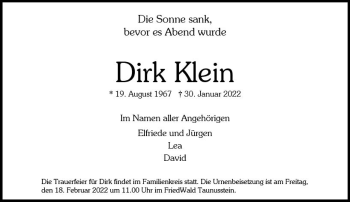 Traueranzeige von Dirk Klein von vrm-trauer Wiesbadener Kurier