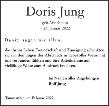 Traueranzeige von Doris Jung von vrm-trauer WK-UTA