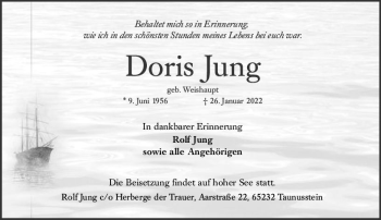 Traueranzeige von Doris Jung von vrm-trauer WK-UTA