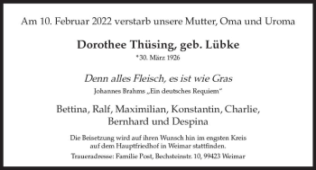 Traueranzeige von Dorothee Thüsing von vrm-trauer Wiesbadener Kurier