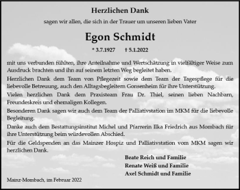 Traueranzeige von Egon Schmidt von vrm-trauer AZ Mainz