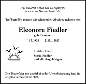 Traueranzeige von Eleonore Fiedler von vrm-trauer Rüsselsheimer Echo / MainSpitze