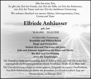 Traueranzeige von Elfriede Anhäusser von vrm-trauer Allgemeine Zeitung Alzey