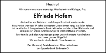 Traueranzeige von Elfriede Hofem von vrm-trauer AZ Mainz