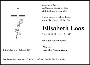 Traueranzeige von Elisabeth Loos von vrm-trauer Rüsselsheimer Echo / MainSpitze