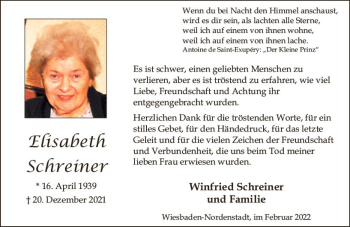 Traueranzeige von Elisabeth Schreiner von vrm-trauer Wiesbadener Kurier