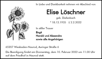 Traueranzeige von Elise Löschner von vrm-trauer Wiesbadener Kurier