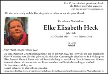 Traueranzeige von Elke Elisabeth Heck von vrm-trauer Allgemeine Zeitung Alzey