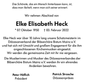 Traueranzeige von Elke Elisabeth Heck von vrm-trauer Allgemeine Zeitung Alzey