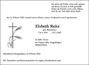 Traueranzeige von Elsbeth Reitz von vrm-trauer Rüsselsheimer Echo / MainSpitze