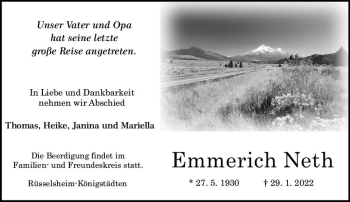 Traueranzeige von Emmerich Neth von vrm-trauer Rüsselsheimer Echo / MainSpitze