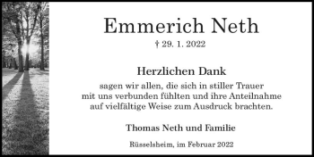 Traueranzeige von Emmerich Neth von vrm-trauer Rüsselsheimer Echo / MainSpitze