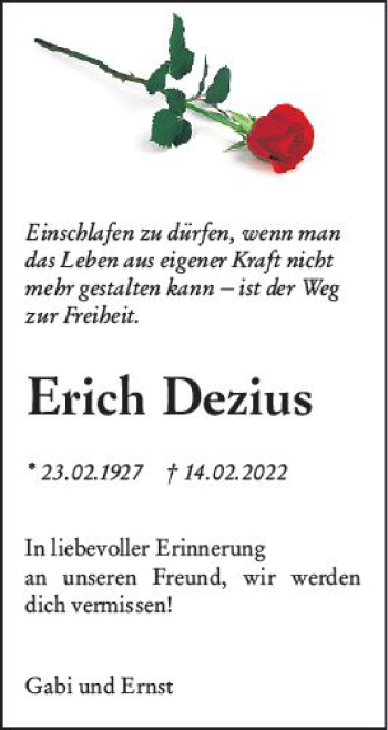 Traueranzeige von Erich Dezius von vrm-trauer Wiesbadener Kurier