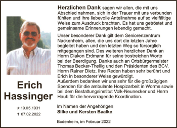Traueranzeige von Erich Hassinger von vrm-trauer AZ Mainz