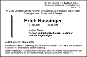 Traueranzeige von Erich Hassinger von vrm-trauer AZ Mainz
