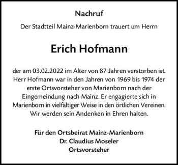 Traueranzeige von Erich Hofmann von vrm-trauer AZ Mainz
