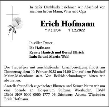 Traueranzeige von Erich Hofmann von vrm-trauer AZ Mainz