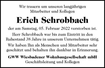 Traueranzeige von Erich Schrobbach von vrm-trauer Wiesbadener Kurier