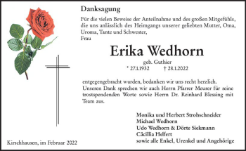 Traueranzeige von Erika Wedhorn von vrm-trauer Bürstädter/Lamperth. Ztg/Starkenburger