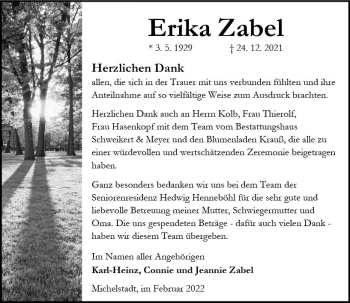 Traueranzeige von Erika Zabel von vrm-trauer Odenwälder Echo