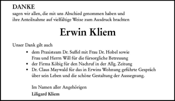 Traueranzeige von Erwin Kliem von vrm-trauer Allgemeine Zeitung Alzey