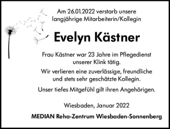 Traueranzeige von Evelyn Kästner von vrm-trauer Wiesbadener Kurier