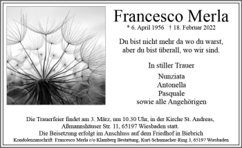 Traueranzeige von Francesco Merla von vrm-trauer Wiesbadener Kurier