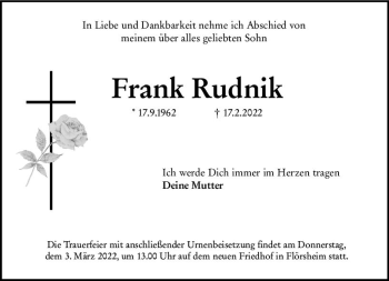 Traueranzeige von Frank Rudnik von vrm-trauer Rüsselsheimer Echo / MainSpitze