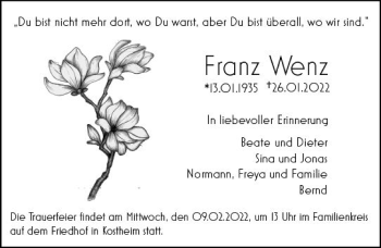 Traueranzeige von Franz Wenz von vrm-trauer AZ Mainz