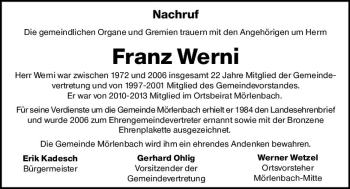 Traueranzeige von Franz Werni von vrm-trauer Bürstädter/Lamperth. Ztg/Starkenburger