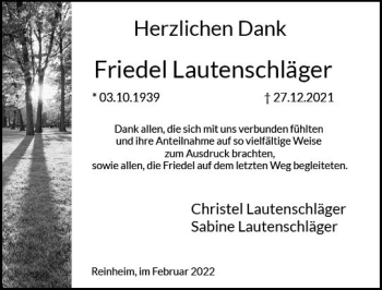 Traueranzeige von Friedel Lautenschläger von vrm-trauer Odenwälder Echo