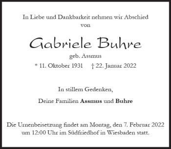Traueranzeige von Gabriele Buhre von vrm-trauer Wiesbadener Kurier