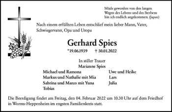 Traueranzeige von Gerhard Spies von vrm-trauer Wormser Zeitung