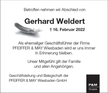 Traueranzeige von Gerhard Weldert von vrm-trauer Wiesbadener Kurier