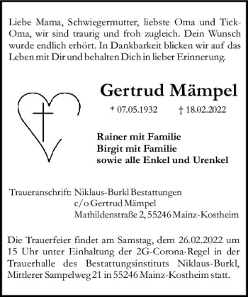 Traueranzeige von Gertrud Mämpel von vrm-trauer AZ Mainz