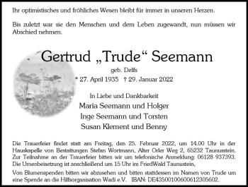Traueranzeige von Gertrud Seemann von vrm-trauer Wiesbadener Kurier