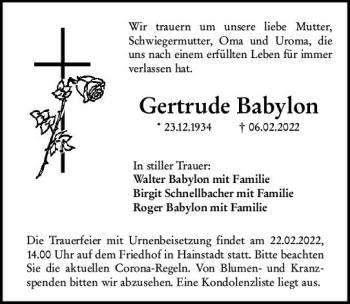 Traueranzeige von Gertrude Babylon von vrm-trauer Odenwälder Echo