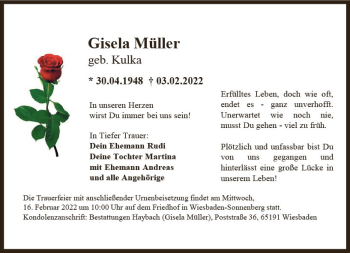 Traueranzeige von Gisela Müller von vrm-trauer Wiesbadener Kurier