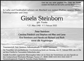 Traueranzeige von Gisela Steinborn von vrm-trauer Wiesbadener Kurier
