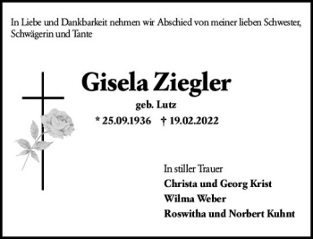 Traueranzeige von Gisela Ziegler von vrm-trauer Wiesbadener Kurier