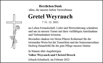 Traueranzeige von Gretel Weyrauch von vrm-trauer Odenwälder Echo