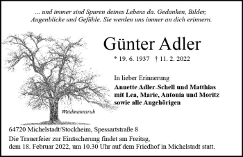 Traueranzeige von Günter Adler von vrm-trauer Odenwälder Echo
