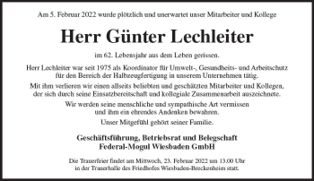 Traueranzeige von Günter Lechleiter von vrm-trauer Wiesbadener Kurier