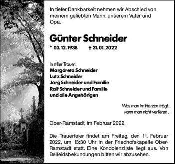 Traueranzeige von Günter Schneider von vrm-trauer Darmstädter Echo